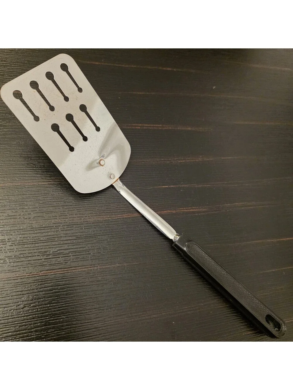 Vintage EKCO Chromium Plated Keyhole Slotted Spatula Black Handle VGC